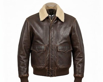 Men’s Aviator Leather Jacket | Brown Pilot Bomber with Faux Shearling Collar | Vintage Military Style Jacket