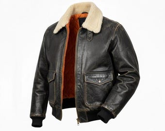 Men’s Retro Leather Jacket | Black Aviator Bomber with Faux Shearling Collar | Pilot Style Outerwear