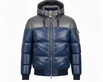 Men’s Hooded Two Tone Leather Bubble Jacket – Quilted Winter Puffer Bomber