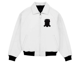 Chaqueta bomber de cuero auténtico Avirex blanca para hombre. Chaqueta de cuero American Flight.