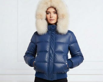 Women’s Blue Real Leather Puffer Jacket with Real Fox Fur Hood – Genuine Leather Winter Bomber, Luxury Warm Parka Coat