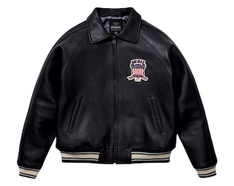 Chaqueta bomber de cuero auténtico Avirex negra para hombre, chaqueta de cuero de vuelo americana