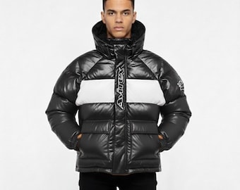 Men’s Glossy Black Leather Puffer Jacket Avirex Style – Hooded Streetwear Winter Coat