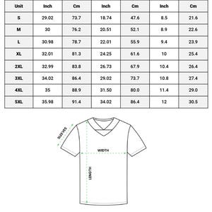 May include: A white V-neck t-shirt with size measurements in inches and centimeters. The chart shows length, width, and sleeve measurements for sizes S through 5XL. The text at the bottom states, "Due to manual measurement, there will be an error of 1-3cm."