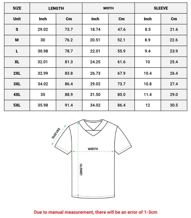 May include: A white V-neck t-shirt with size measurements in inches and centimeters. The chart shows length, width, and sleeve measurements for sizes S through 5XL. The text at the bottom states, "Due to manual measurement, there will be an error of 1-3cm."