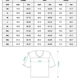 May include: A white t-shirt with a V-neck and a horizontal stripe across the chest. The image includes a size chart with measurements in inches and centimeters for length, bust, and sleeve. The text at the bottom states, "Due to manual measurement, there will be an error of 1-3cm."