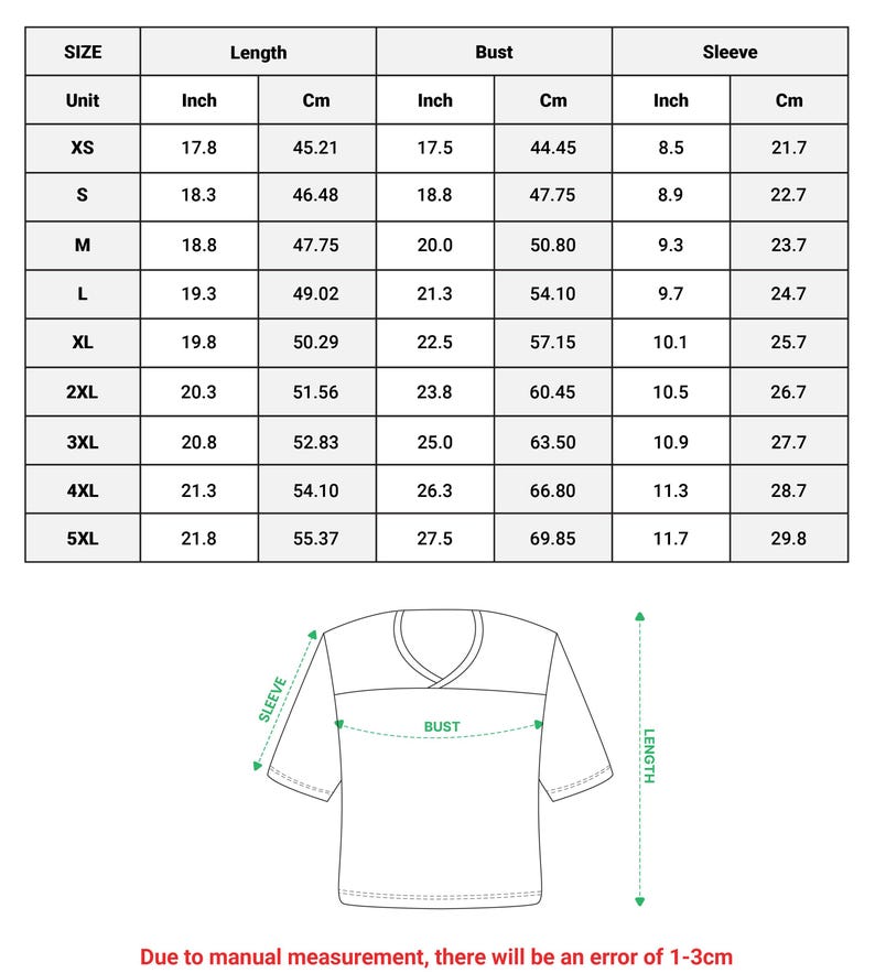 May include: A white t-shirt with a V-neck and a horizontal stripe across the chest. The image includes a size chart with measurements in inches and centimeters for length, bust, and sleeve. The text at the bottom states, "Due to manual measurement, there will be an error of 1-3cm."
