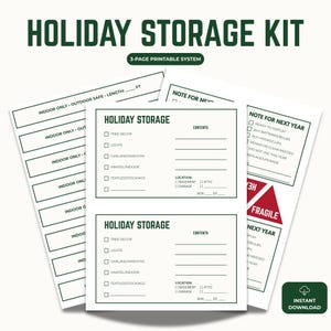 May include: A printable holiday storage kit with a green and white design. The kit includes labels and checklists for organizing holiday decorations. The text on the kit reads "Holiday Storage Kit" and "3-page printable system."
