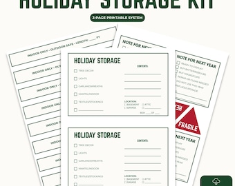 May include: A printable holiday storage kit in green and white. The kit features labels and checklists for organising holiday decorations. The text on the kit reads "Holiday Storage Kit" and "3-page printable system."