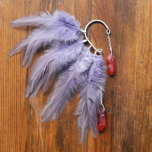 Grey Feather Ear Cuff: Red Quartz Crystal, Adjustable Ear Wrap