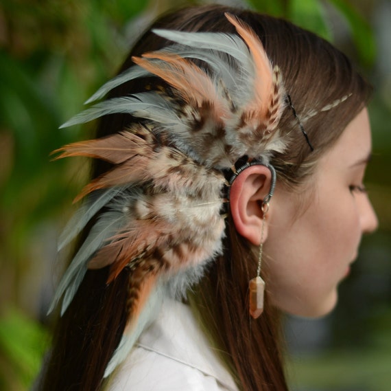Feather Ear Cuff Feather Ear Wrap Grizzly Feathers Tribal Etsy UK