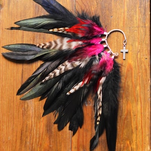 Feather Ear Cuff: Black & Pink, Cross Charm, Non Pierced Ears