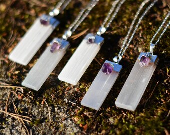 Nature White Selenite Blade Slice Pendant with Amethyst silvery Electroplated Edges, Crystal Necklace, Amethyst, Spirituality, Meditation