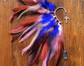 Feather Ear Cuff, Feather Ear Wrap, Tribal, OOAK, Festival Earrings, Festival, Cosplay, Spiritual, Unique gift, Wedding Accessories