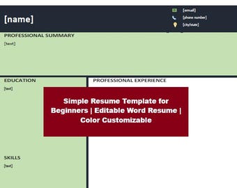 Simple Resume Template for Beginners | Editable Word Resume | Color Customizable