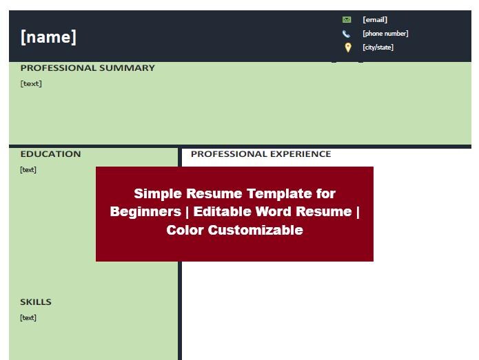 Simple Resume Template for Beginners | Editable Word Resume | Color ...