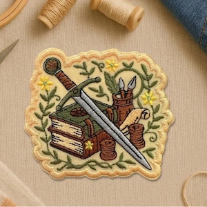 May include: Embroidered patch featuring a sword, book, quill, and art supplies. The patch has a yellow border with green leaves and yellow flowers. The sword is silver with a brown handle, and the book is green and brown.