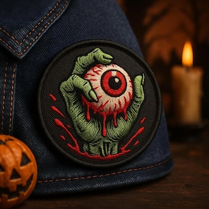 Zombie Hand Holding Eyeball Patch - Horror Punk Rocker Gift - Halloween Costume Iron On - Scary Movie Applique - Sew On Patch for Jackets