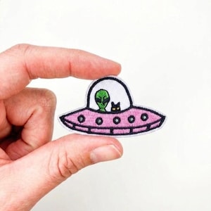 Funny Alien Holding Cat UFO Patch - Cool Embroidered Iron On Applique for Jackets, Backpacks, and Hats