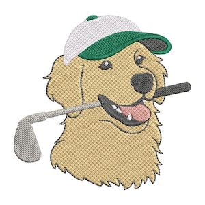 May include: Embroidered image of a golden retriever wearing a white and green golf cap, holding a golf club in its mouth. The dog has a happy expression with its tongue sticking out. The design is likely for apparel or accessories.