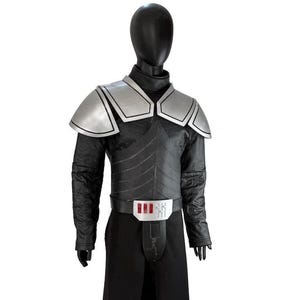 May include: A black costume set featuring silver shoulder armour, a textured chest piece, and a belt with a silver buckle containing three red rectangular accents. The outfit includes long sleeves and a black skirt with a frayed, uneven hemline.