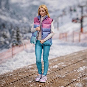 May include: A doll wearing a gradient pink, purple, and blue puffer vest, light blue jeans, and pink sneakers. The doll is standing on a wooden surface covered in snow, with a snowy mountain backdrop.