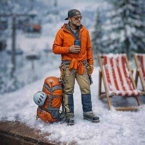 May include: An orange jacket, tan pants, and a backpack with a helmet are in a snowy environment. The person is holding a blue thermos. Climbing gear is attached to the person's belt. Two red and white striped chairs are in the background.