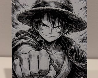 Arte mural en relieve de Luffy de One Piece – Decoración de pared manga en blanco y negro – Arte 3D hecho a mano – 13×20 cm