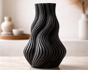 Jarrón negro con diseño ondulado: jarrón decorativo moderno, decoración minimalista para el hogar, idea de regalo.