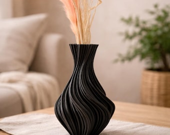 Jarrón escultural negro – Jarrón de diseño ondulado – Decoración moderna y elegante