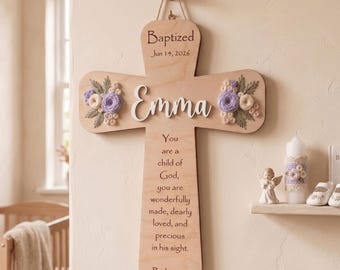 Personalized Baptism Gift Girl, Purple Embroidered Wood Cross, Custom Dedication Present, Goddaughter Psalm 139 Nursery Decor