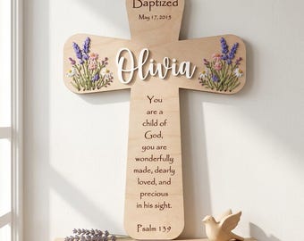 Floral Embroidered Baptism Cross, Personalized Wooden Name Cross, Baby Girl Christening Gift, Nursery Wall Decor
