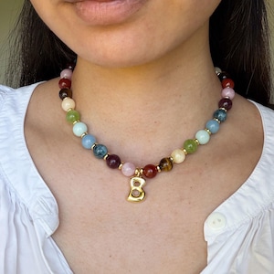 Rainbow Gemstone Beaded Necklace | Initial, pearl, flower, charm clasp