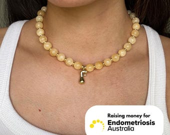 Yellow Jasper Custom Beaded Necklace - Initial, Pearl, Charm Clasp