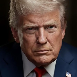 May include: Portrait of a man in a blue suit with a red tie, and a small American flag pin. The image includes the text: "45th and 47th president, I never should be."