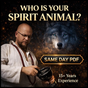 May include: Image with text: "WHO IS YOUR SPIRIT ANIMAL?" and "SAME DAY PDF". A man with glasses and a beard is holding a dark bowl. A wolf with blue eyes is in the background. Text: "15+ Years Experience".