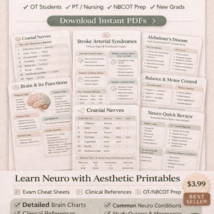 May include: Neuro Rehab Study Bundle printable PDF. Includes detailed brain charts, cranial nerves, stroke arterial syndromes, and Alzheimer's disease information. Perfect for OT students, PT/Nursing, and NBCOT prep. Available in US Letter and A4 sizes.