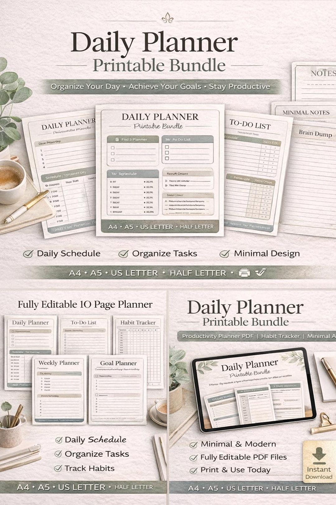 Minimalist Daily Planner Printable Bundle | Productivity, Habits, To-do ...