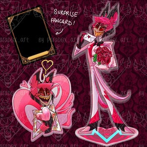 Könnte beinhalten: Digitale Illustration eines Charakters in einem rosa-weißen Anzug, der Rosen und einen Brief hält. Ein herzförmiger Anhänger und eine leere Karte mit goldenem Rand sind ebenfalls abgebildet. Der Text lautet "SURPRISE FANCARD!"