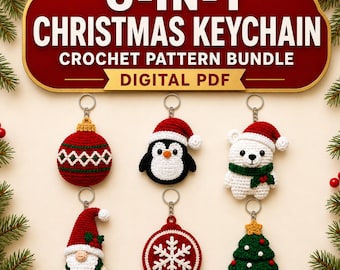 May include: A digital PDF crochet pattern bundle for 6 Christmas keychains. The image displays six crocheted items: a red ornament, a penguin in a Santa hat, a polar bear in a Santa hat, a gnome, a snowflake ornament, and a Christmas tree.