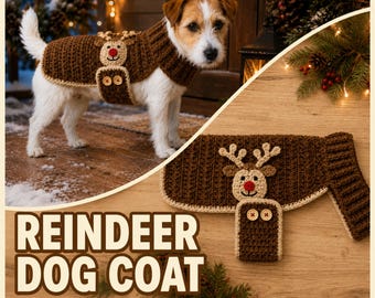 May include: A brown crochet dog coat featuring a reindeer face with antlers and a red nose, secured with two wooden buttons. The text REINDEER DOG COAT CROCHET PATTERN PDF is displayed at the bottom of the image, which also shows a dog wearing the coat.