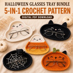 Halloween Crochet Glasses Tray Pattern Bundle, 5-in-1 Eyeglass Holder PDF, Ghost Pumpkin Cat Spiderweb Candy Corn, Digital Download