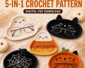 Halloween-Häkelanleitungsset für Brillenhalter, 5-in-1-Brillenhalter (PDF), Geister, Kürbisse, Katzen, Spinnennetze, Zuckermais, digitaler Download