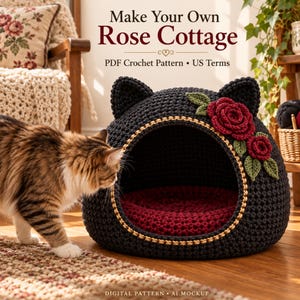 Puede incluir: Una cama para gatos de ganchillo gris oscuro con forma de cúpula y orejas de gato, con dos rosas rojas y hojas verdes en el lateral y un borde dorado alrededor de la abertura. El interior tiene un cojín rojo oscuro. Texto: Make Your Own Rose Cottage PDF Crochet Pattern US Terms.