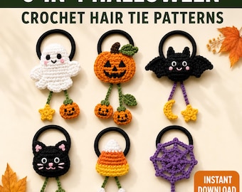 May include: Six crochet hair ties featuring Halloween designs including a white ghost, orange pumpkin, black bat, black cat, candy corn, and purple spider web. Each hair tie has dangling charms like stars, mini pumpkins, and a spider.