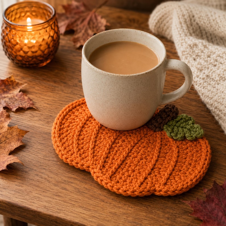 May include: A round, orange, crocheted pumpkin-shaped coaster with a small brown stem and a green leaf detail. A beige ceramic mug filled with a light brown beverage sits on top of the coaster, which features textured vertical ridges.