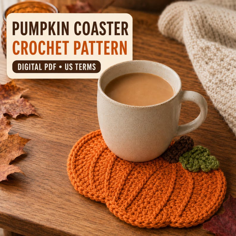 May include: A pumpkin-shaped orange crochet coaster with a brown stem and green leaf, supporting a speckled beige ceramic mug filled with a light brown beverage. The image includes text reading PUMPKIN COASTER CROCHET PATTERN DIGITAL PDF US TERMS.