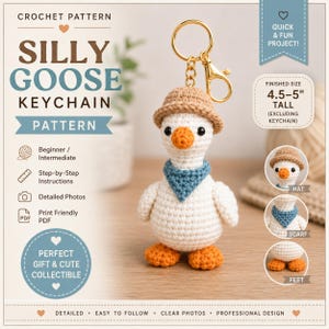 May include: A crocheted silly goose keychain pattern. The finished goose is 4.5-5 inches tall, excluding the keychain. The goose is white with an orange beak and feet, a blue scarf, and a brown hat. The pattern is for beginners and intermediates.