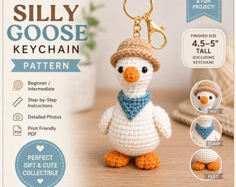 Cute Silly Goose Crochet Pattern Keychain PDF, Intermediate level Amigurumi Goose with Hat & Scarf Mini Plush Bag Charm DIY Gift.