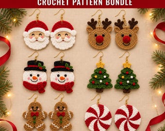 May include: A digital collection of 6-in-1 Christmas earrings crochet patterns featuring Santa Claus, reindeer, snowmen, Christmas trees, gingerbread men, and peppermint candies. The text reads 6-IN-1 CHRISTMAS EARRINGS CROCHET PATTERN BUNDLE.